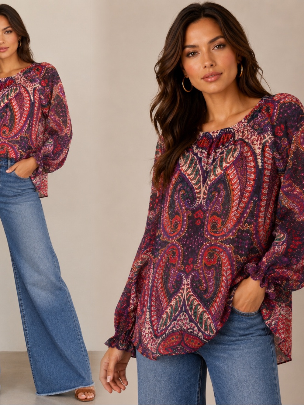 Boho Paisley Peasant Blouse - Purple Red
